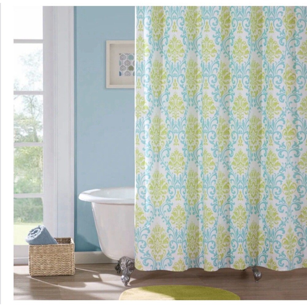 Paige Apple-green/Teal Damask-pattern Shower Curtain